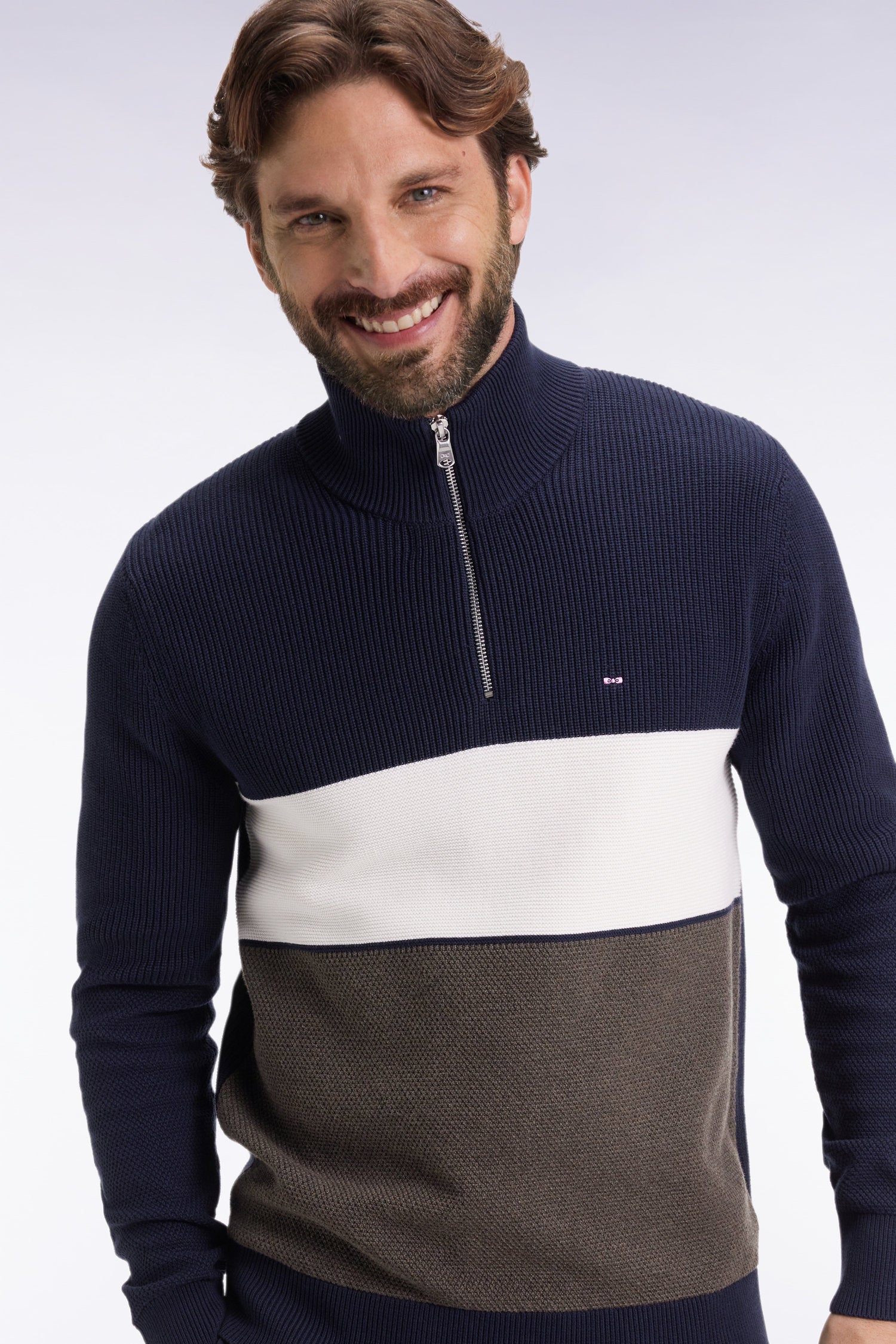 Eden Park Brown And Navy Cotton Trucker Collar Sweater With Stripe Eff ...