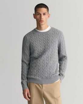 Gant Cotton Cable Knit Crew Neck Sweater-Knitwear-Gant-Grey-M-Diffney Menswear