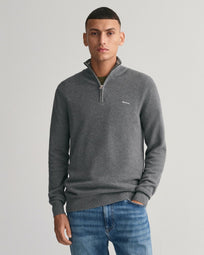 Gant Cotton Piqué Half-Zip Sweater-Knitwear-Gant-Grey-S-Diffney Menswear