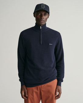 Gant Cotton Piqué Half-Zip Sweater-Knitwear-Gant-Navy-S-Diffney Menswear