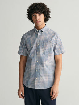 Gant Regular Fit Micro Checked Poplin Short Sleeve Shirt-Casual shirts-Gant-Blue-S-Diffney Menswear